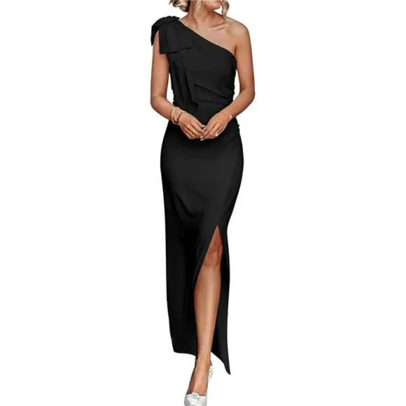 PRETTYGARDEN Women's Summer One Shoulder Long Formal Dresses Sleeveless Ruched
