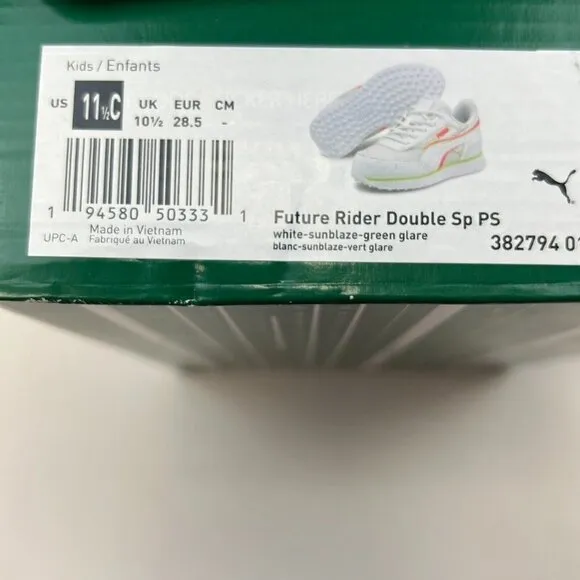Puma Boys Future Rider Double 382740-01 White Green Glare Sneaker Shoes Sz 11.5C