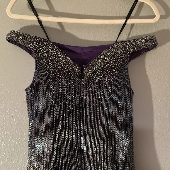 Purple, fully beaded, off the shoulder, formal gown by Jovani