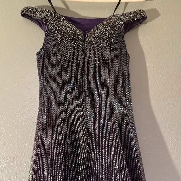 Purple, fully beaded, off the shoulder, formal gown by Jovani