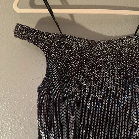 Purple, fully beaded, off the shoulder, formal gown by Jovani