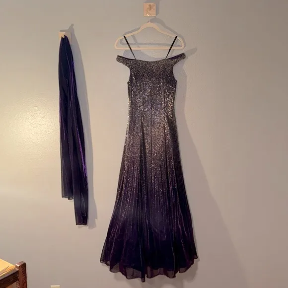 Purple, fully beaded, off the shoulder, formal gown by Jovani