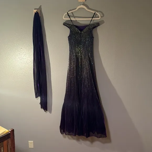 Purple, fully beaded, off the shoulder, formal gown by Jovani