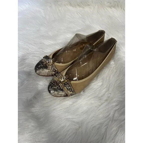 R &amp; Renzi Women's Ballet Flats 38 8 Brown Snakeskin Cap Toe Bow Casual Italy