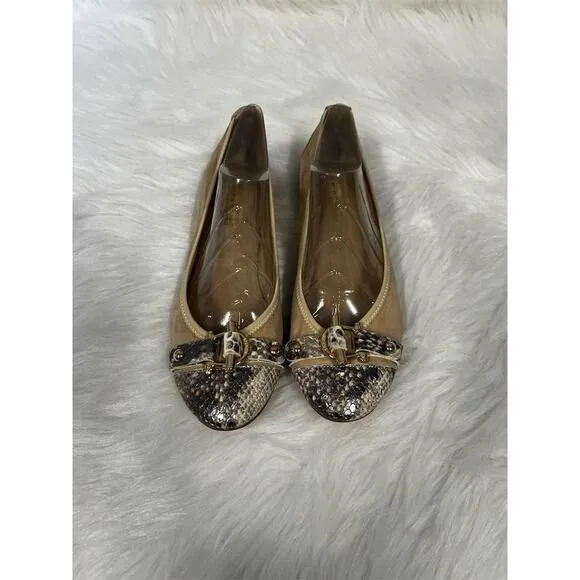 R &amp; Renzi Women's Ballet Flats 38 8 Brown Snakeskin Cap Toe Bow Casual Italy