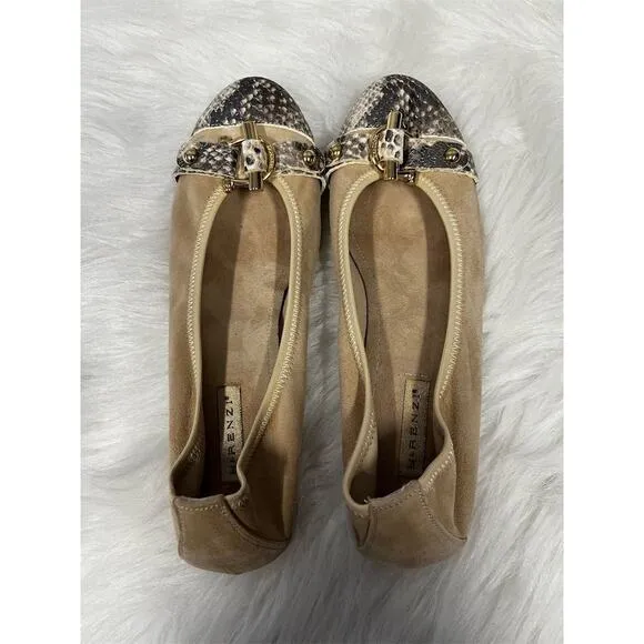 R &amp; Renzi Women's Ballet Flats 38 8 Brown Snakeskin Cap Toe Bow Casual Italy