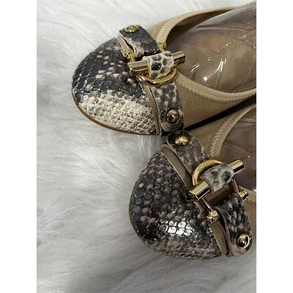 R &amp; Renzi Women's Ballet Flats 38 8 Brown Snakeskin Cap Toe Bow Casual Italy