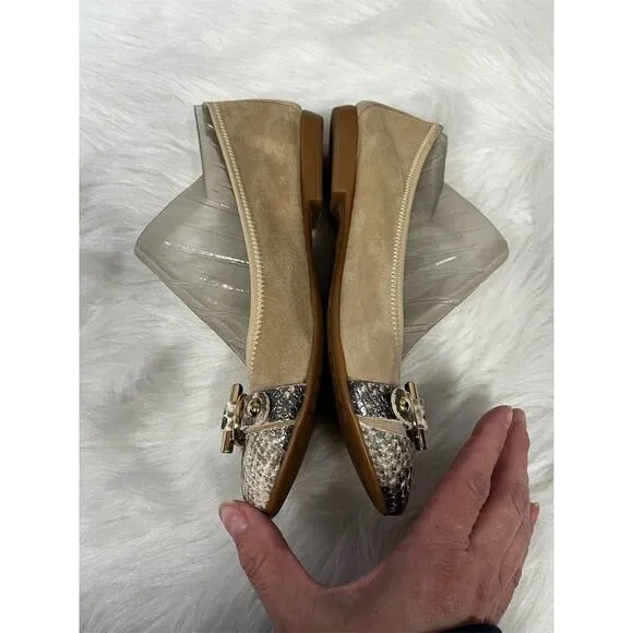 R &amp; Renzi Women's Ballet Flats 38 8 Brown Snakeskin Cap Toe Bow Casual Italy
