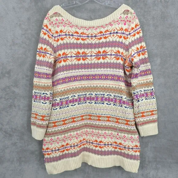 Ralph Lauren LRL Fair Isle Knit Tunic Sweater 1X Boat Neck Cream Colorful New