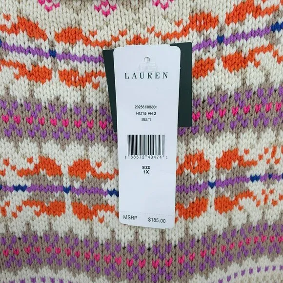 Ralph Lauren LRL Fair Isle Knit Tunic Sweater 1X Boat Neck Cream Colorful New