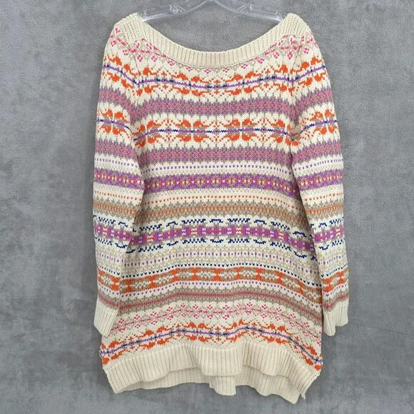 Ralph Lauren LRL Fair Isle Knit Tunic Sweater 1X Boat Neck Cream Colorful New