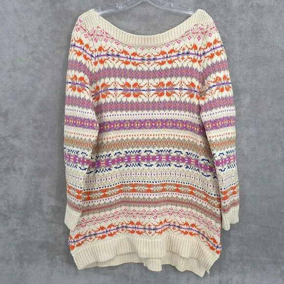 Ralph Lauren LRL Fair Isle Knit Tunic Sweater 1X Boat Neck Cream Colorful New