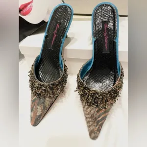 RARE Vintage BEVERLY FELDMAN Beaded Close Toe Anima Pattern Multicolor Heels