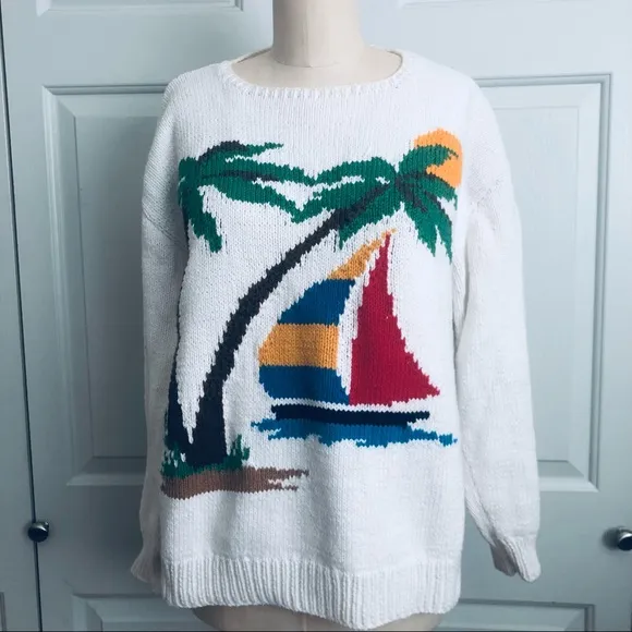 Rare VTG Abercrombie &amp; Fitch Cotton Palm Trees Sail Boat England Sweater Size L