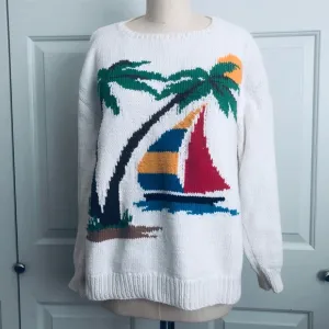 Rare VTG Abercrombie &amp; Fitch Cotton Palm Trees Sail Boat England Sweater Size L