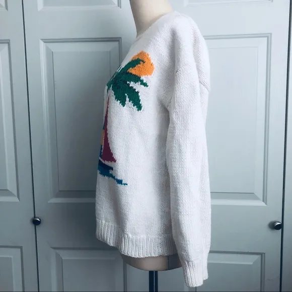 Rare VTG Abercrombie &amp; Fitch Cotton Palm Trees Sail Boat England Sweater Size L