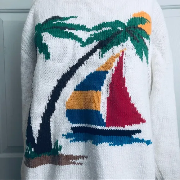 Rare VTG Abercrombie &amp; Fitch Cotton Palm Trees Sail Boat England Sweater Size L