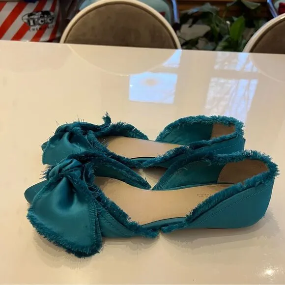 Rare Teal Anthropologie Seychelles Frayed Oversized Bow Pointed D’Orsay Flats