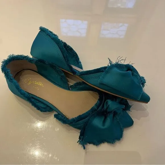 Rare Teal Anthropologie Seychelles Frayed Oversized Bow Pointed D’Orsay Flats