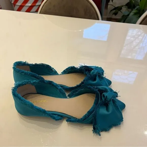 Rare Teal Anthropologie Seychelles Frayed Oversized Bow Pointed D’Orsay Flats