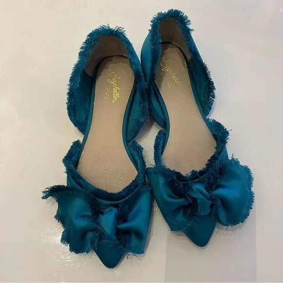 Rare Teal Anthropologie Seychelles Frayed Oversized Bow Pointed D’Orsay Flats