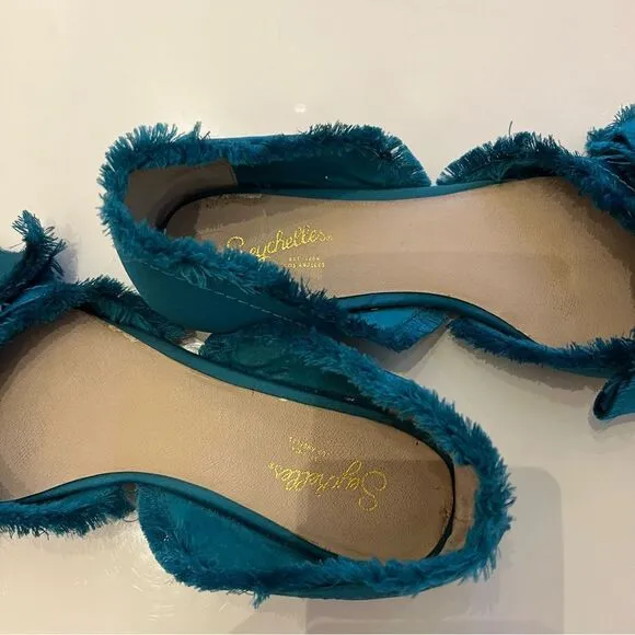 Rare Teal Anthropologie Seychelles Frayed Oversized Bow Pointed D’Orsay Flats