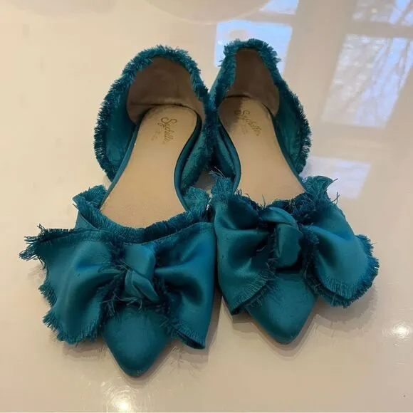 Rare Teal Anthropologie Seychelles Frayed Oversized Bow Pointed D’Orsay Flats