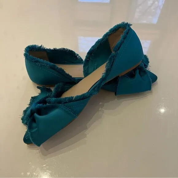 Rare Teal Anthropologie Seychelles Frayed Oversized Bow Pointed D’Orsay Flats