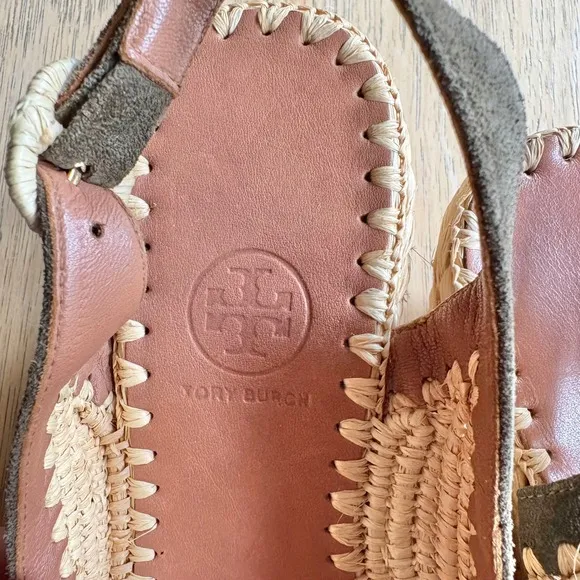 *RARE*TORY BURCH Camden Wedge Espadrille Slingback Sandals Raffia Peep Toe 7.5