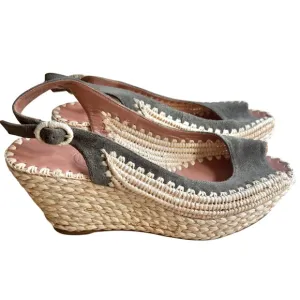 *RARE*TORY BURCH Camden Wedge Espadrille Slingback Sandals Raffia Peep Toe 7.5