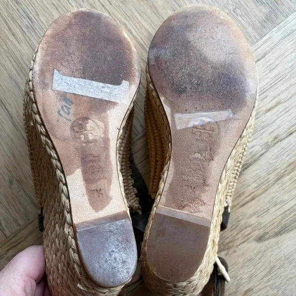 *RARE*TORY BURCH Camden Wedge Espadrille Slingback Sandals Raffia Peep Toe 7.5
