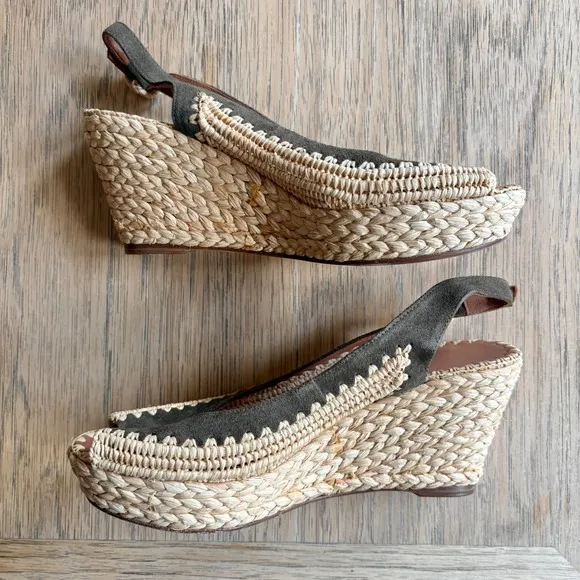 *RARE*TORY BURCH Camden Wedge Espadrille Slingback Sandals Raffia Peep Toe 7.5