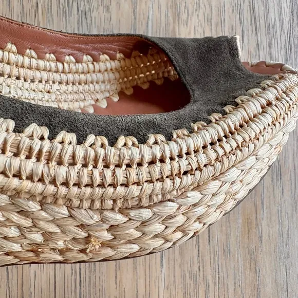 *RARE*TORY BURCH Camden Wedge Espadrille Slingback Sandals Raffia Peep Toe 7.5
