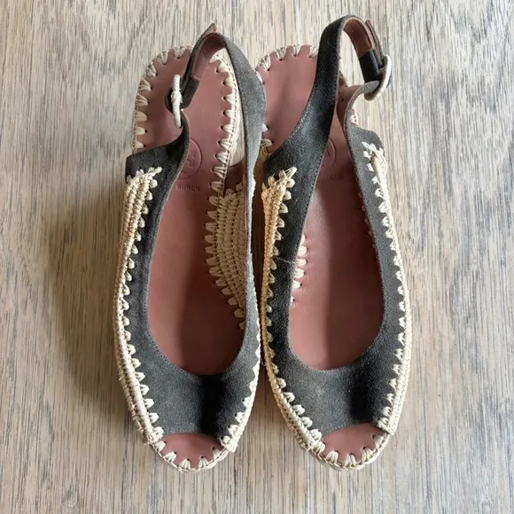 *RARE*TORY BURCH Camden Wedge Espadrille Slingback Sandals Raffia Peep Toe 7.5