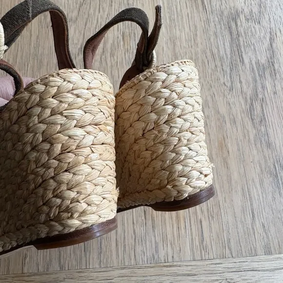 *RARE*TORY BURCH Camden Wedge Espadrille Slingback Sandals Raffia Peep Toe 7.5
