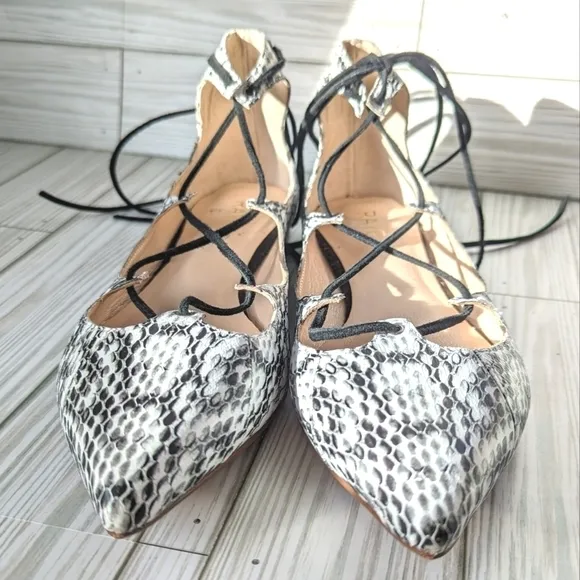Raye Anthropologie Pointed Toe Leather Ballet Flats in White &amp; Black Python Sz 9