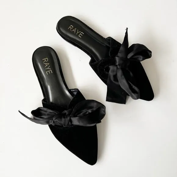 RAYE Magnolia Slide Black Velvet Pointed Toe Slip On Slides Dressy Flats Bows 9