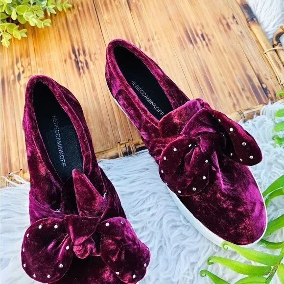 Rebecca Minkoff Stacey Studded Burgandy Velvet Slip On Sneakers.