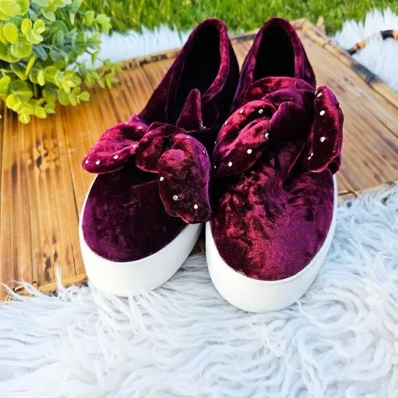 Rebecca Minkoff Stacey Studded Burgandy Velvet Slip On Sneakers.