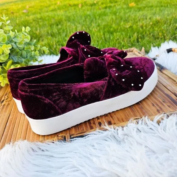 Rebecca Minkoff Stacey Studded Burgandy Velvet Slip On Sneakers.