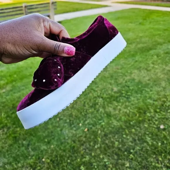 Rebecca Minkoff Stacey Studded Burgandy Velvet Slip On Sneakers.