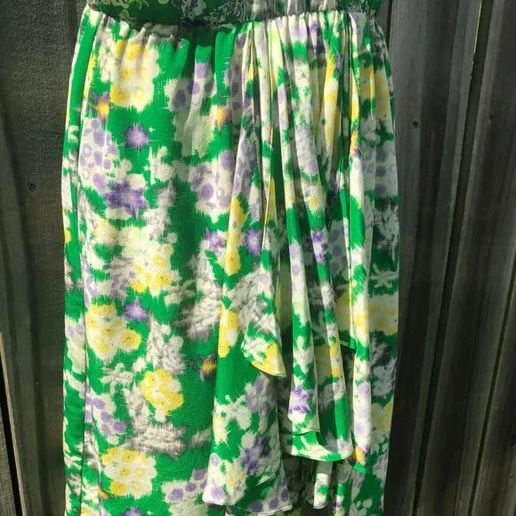 Rebecca Taylor 2 Silk Mini Dress XS Green Garden Floral Sleeveless Flutter
