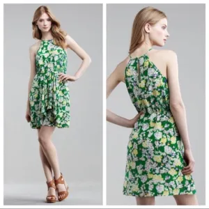 Rebecca Taylor 2 Silk Mini Dress XS Green Garden Floral Sleeveless Flutter