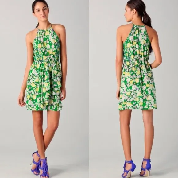 Rebecca Taylor 2 Silk Mini Dress XS Green Garden Floral Sleeveless Flutter