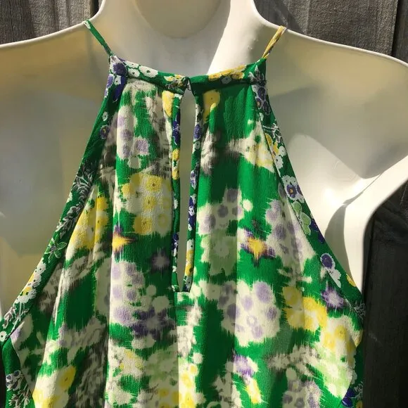 Rebecca Taylor 2 Silk Mini Dress XS Green Garden Floral Sleeveless Flutter
