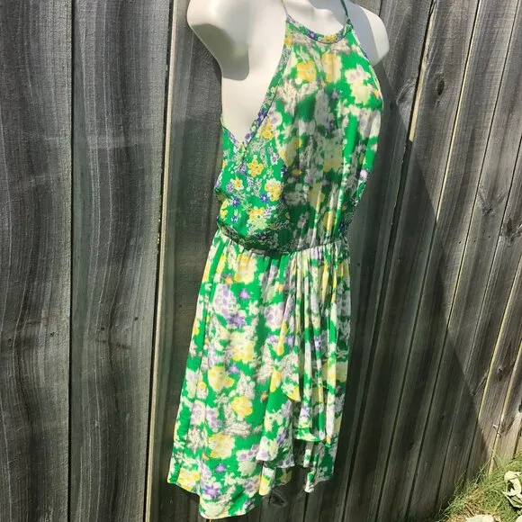 Rebecca Taylor 2 Silk Mini Dress XS Green Garden Floral Sleeveless Flutter