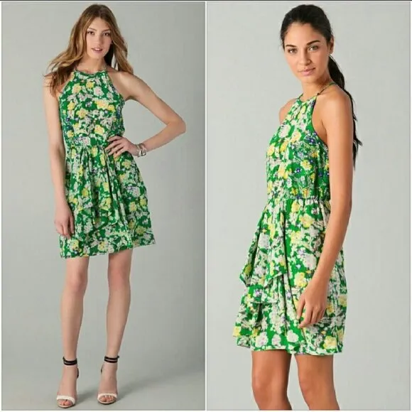 Rebecca Taylor 2 Silk Mini Dress XS Green Garden Floral Sleeveless Flutter