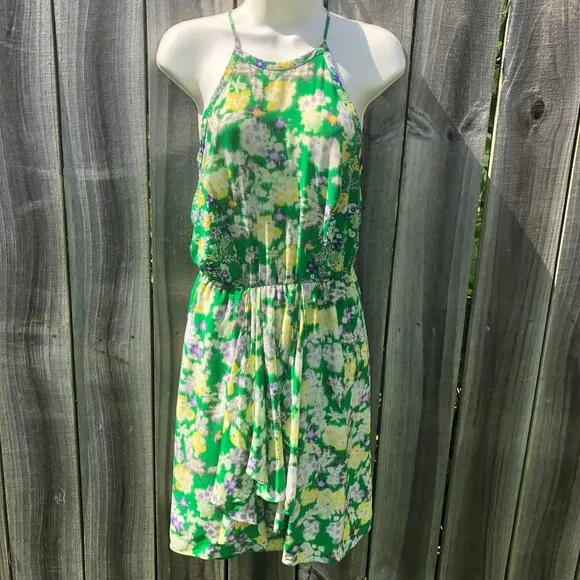 Rebecca Taylor 2 Silk Mini Dress XS Green Garden Floral Sleeveless Flutter