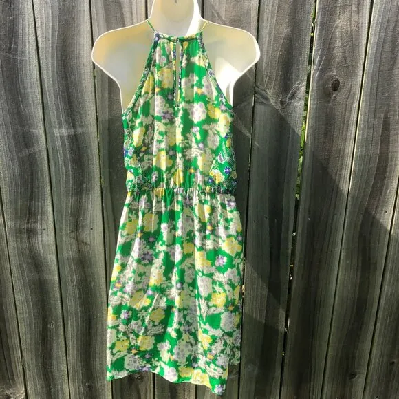 Rebecca Taylor 2 Silk Mini Dress XS Green Garden Floral Sleeveless Flutter