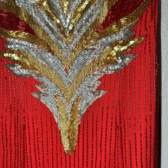 Red, silver and gold formal gown dripping in beads and sequins by Sterling